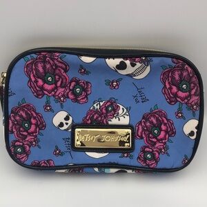 Betsey Johnson Pink Floral and Skull Patterned Blue Pouch